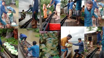 গোয়াইনঘাটে যুবকদের উদ্যোগে পানি বন্দী ৫ শত পরিবারে শুকনো খাবার বিতরন